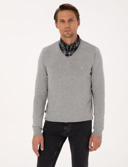 A__k Gri Melanj Slim Fit V Yaka Basic Triko Kazak