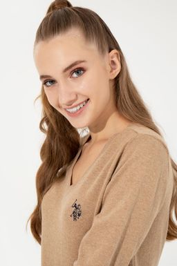 U. S. Polo Assn Женский базовый свитер светло-коричневого цвета с v-образным вырезом меланжевого цвета - U.s. polo assn фото 4