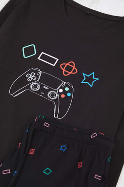 Siyah Regular Game Bask?l? Orme Pijama Tak?m? TMNAW24PT00012