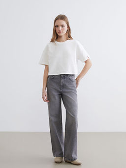 Bisiklet Yaka Kiraz Bask?l? Kad?n Crop