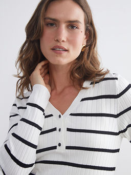 V Yaka ?izgili Kad?n Triko Kazak