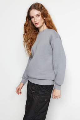Gri Kal?n Ici Polarl? Regular/Normal Kal?p Bisiklet Yaka Basic Orme Sweatshirt TWOAW24SW00101