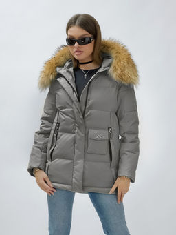 Куртка женская зимняя с мехом енот премиум класса серого цвета 3215Sr - Visdeer фото 6