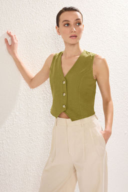 TRENDYOLMILLA Bej Regular Pamuk Crop Keten Dokuma Yelek TWOSS24YE00024  фото 7