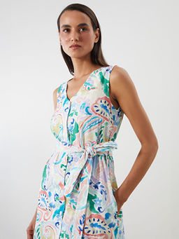 V Yaka Desenli Ku?akl? Elbise