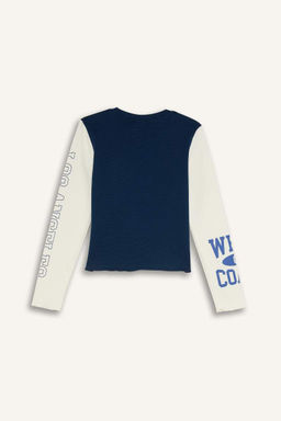 Укороченная футболка с длинными рукавами и круглым вырезом для девочек в рубчик с принтом - Defacto фото 4