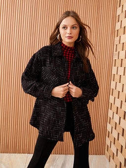 ?nden D??me Kapamal? Desenli Uzun Kollu Kad?n T?vit G?mlek Ceket