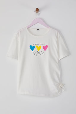 Ekru K?z Cocuk %100 Pamuk Kalp Bask?l? K?sa Kol Orme T-Shirt TKDSS25TS00062 - Trendyolmilla фото 3