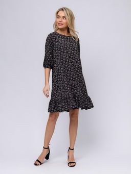 Платье черное с принтом длины мини с воланом по подолу - 1001dress фото 2