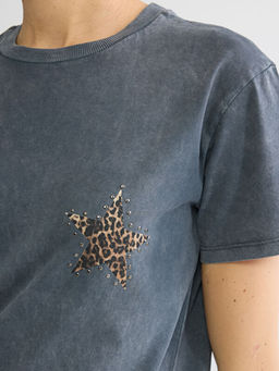 Bisiklet Yaka Y?ld?z Bask?l? Kad?n Ti??rt