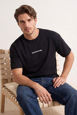Siyah Oversize/Geni_ Kal_p Slogan Bask_l_ Tok Kuma_ T-Shirt TMNSS26TS00073