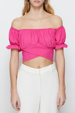 Pembe Baglama Detayl? Carmen Yaka Dokuma Bluz TWOSS21BZ0797