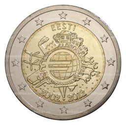 Монета 2 евро 2012 года Эстония 10 лет евро наличными