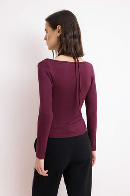 Bordo Fitted/Vucuda Oturan Havuz Yaka Uzun Kollu Yumusak Orme Bluz TWOSS26BZ00660