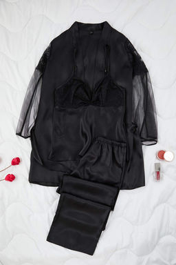 Siyah 3lu Ceyiz Set Saten Dokuma Pijama Tak?m? THMAW26PT00199