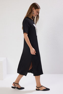 Siyah Bask? Detayl? Shift/Rahat Kesim Midi Dokuma Elbise TWOSS22EL0782 - Trendyolmilla фото 2