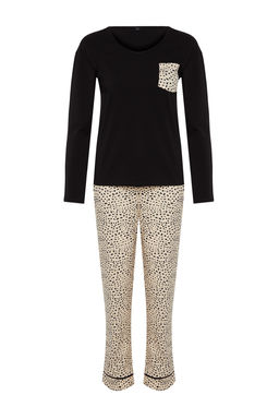 Trendyolmilla Siyah-Cok Renkli %100 Pamuklu Leopar Desenli Tshirt-Pantolon Orme Pijama Tak?m? THMAW24PT00209