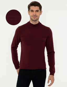 Bordo Slim Fit Yar_m Bal_k__ Yaka Triko Kazak