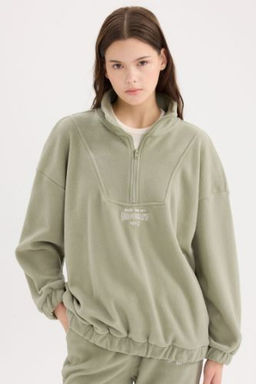 Oversize Genis Kal?p Fermuarl? Dik Yaka Nak?sl? Polar Sweatshirt