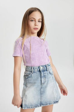 K?z Cocuk Slim Fit Dar Kesim Bisiklet Yaka Fitilli Kaskorse K?sa Kollu Tisort