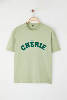 TRENDYOLMILLA Mint %100 Pamuk Oversize/Genis Kesim Slogan Nak?sl? Orme T-Shirt TWOSS25TS00161  фото 6