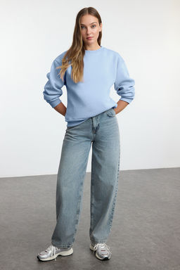 Ac?k Mavi Kal?n Ici Polarl? Regular/Normal Kal?p Bisiklet Yaka Basic Orme Sweatshirt TWOAW24SW00101