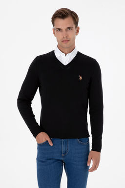 Erkek Slim Fit V Yaka Siyah Basic Kazak