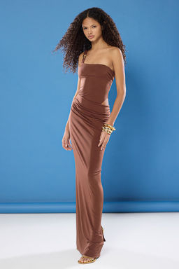 Kahverengi Vucuda Oturan Aksesuar Detayl? Bel Dekolteli Uzun Abiye Mezuniyet Elbise TPRSS25AE00104