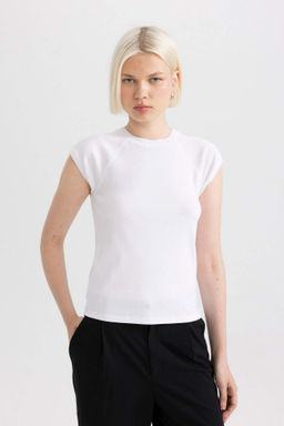 Slim Fit Dar Kesim Bisiklet Yaka Ribana Basic Duz K?sa Kollu Tisort - Defacto фото 2