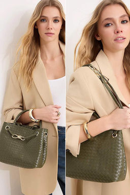 Haki Cift Kullan?ml? Orgu Suni Deri Orta Boy Kad?n Omuz Cantas? TAKSS26OC00049