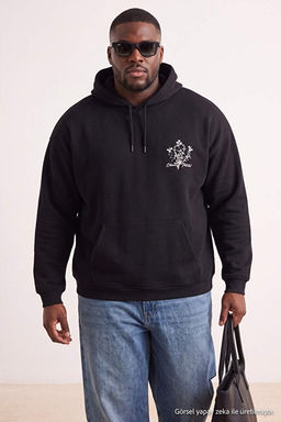Siyah Oversize/Geni_ Kesim Kap__onlu __i Polarl_ S_rt Bask_l_ B_y_k Beden Sweatshirt TMNAW25AO00021