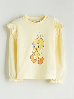 Bisiklet Yaka Tweety Bask?l? F?rf?rl? K?z Bebek Bluz ve Tayt 2li