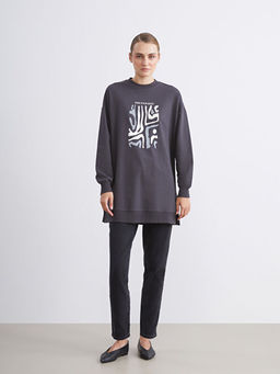 Bisiklet Yaka Bask?l? Kad?n Sweatshirt Tunik