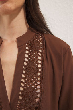 Kahverengi Dokuma Dantel %100 Pamuk Plaj Mini Elbise TBESS20EL0854