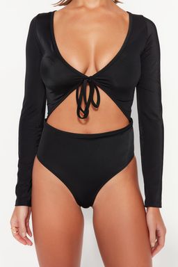 Siyah V Yaka Cut Out/Pencereli Uzun Kollu High Leg Mayo TBESS23MA00018