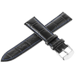 Ремешок для часов натуральная кожа удлиненный черный с синей строчкой 18 мм C16XL-18black-blue