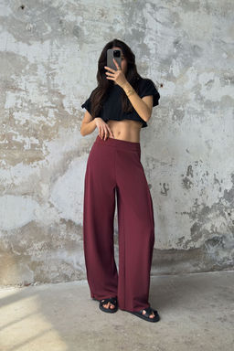 Bordo Yanlar? Pileli Yuksek Bel Esnek Orme Pantolon TWOSS25PL00054