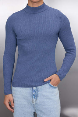 Indigo Fitted Dar Kal?p Pamuklu Yar?m Bal?kc? Yaka Fitilli Triko Kazak TMNAW21KZ0568