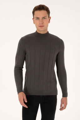 Erkek Slim Fit Yar_m Bal_k__ Yaka Gri Kazak