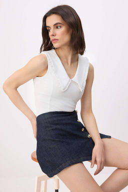 Ekru Fitted/Vucuda Oturan Bebe Yaka Kolsuz Pamuklu Esnek Orme Bluz TWOSS26BZ00438