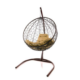 Подвесное кресло - кокон «Круг», с искусственным ротангом, 193×106×72 см, коричневое, бежевая подушка