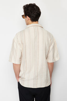 Ekru Cizgili Regular Fit Yar?m Pat Gomlek TMNSS24GO00045