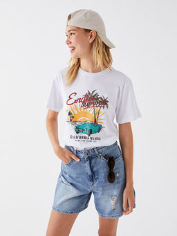 Bisiklet Yaka Bask?l? K?sa Kollu Kad?n Ti??rt