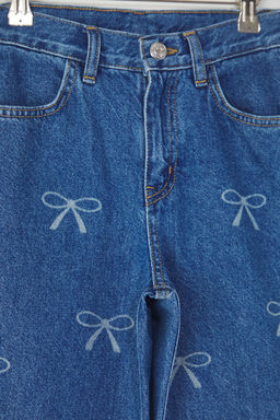 Mavi K?z Cocuk %100 Pamuk Kurdele Desenli Wide Leg Lastikli Denim Pantolon TKDSS25JE00007 - Trendyolmilla фото 3