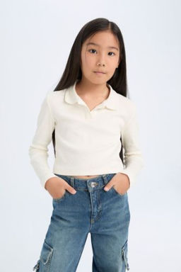 K?z Cocuk Crop Polo Yaka Basic Duz Fitilli Kaskorse Uzun Kollu Tisort