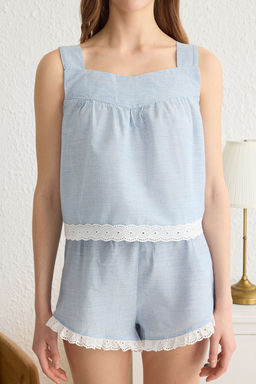 Trendyolmilla Mavi Pamuklu Brodeli Poplin Sortlu Dokuma Pijama Tak?m? THMSS25PT00028 фото 3