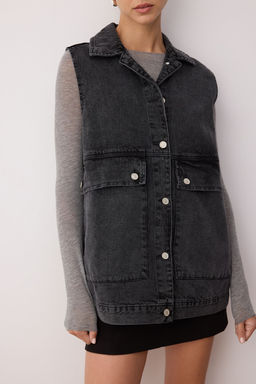 Antrasit Gomlek Yaka Cep Detayl? %100 Pamuk Denim Yelek Ceket TCTAW22CK0006