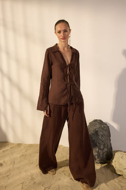 Kahverengi %100 Keten Baglama Detayl? Gomlek TWOSS26GO00046