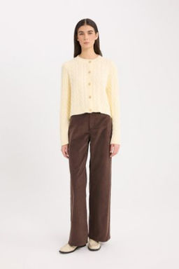 Fitilli Kadife Pantolon Wide Leg Yuksek Bel Genis Bol Paca Basic Duz Cepli