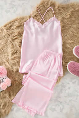 Trendyolmilla Pembe F?rf?rl? Ip Ask?l? Saten Dokuma Pijama Tak?m? THMSS25PT00107  фото 7